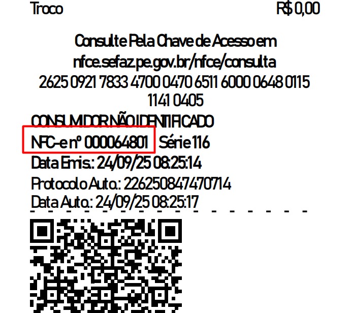Exemplo de onde encontrar o número da NFC-e no cupom fiscal